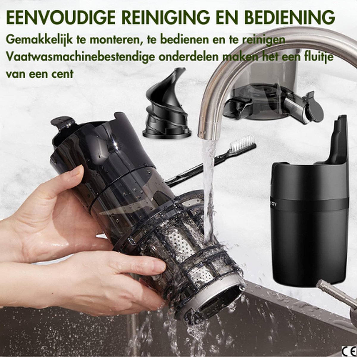Slowjuicer 600 ml 200W met brede invoertrechter en reinigingsborstel