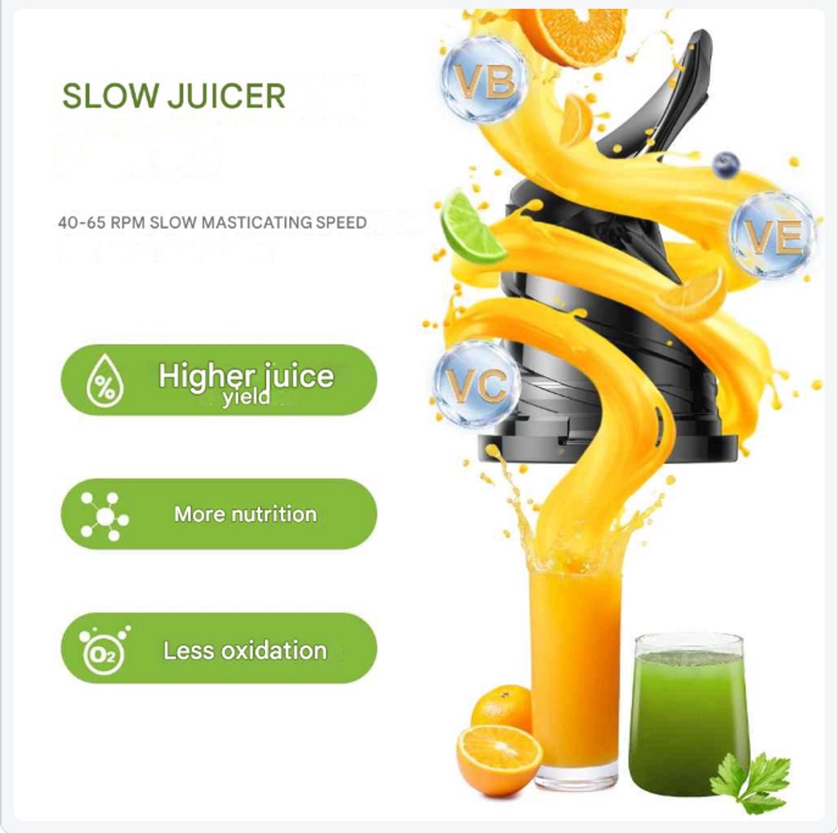 Slowjuicer Cold Press Juicer 1.8L 65 RPM BPA-vrij