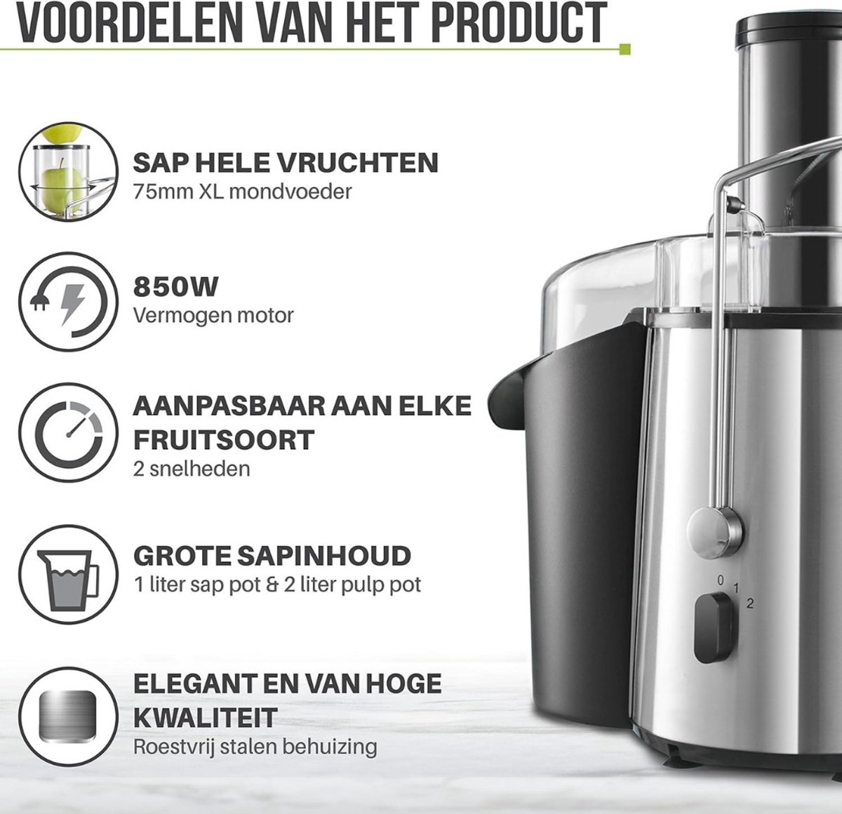 Slowjuicer Groenten en Fruitpers BPA Vrij Met Pulpcontainer