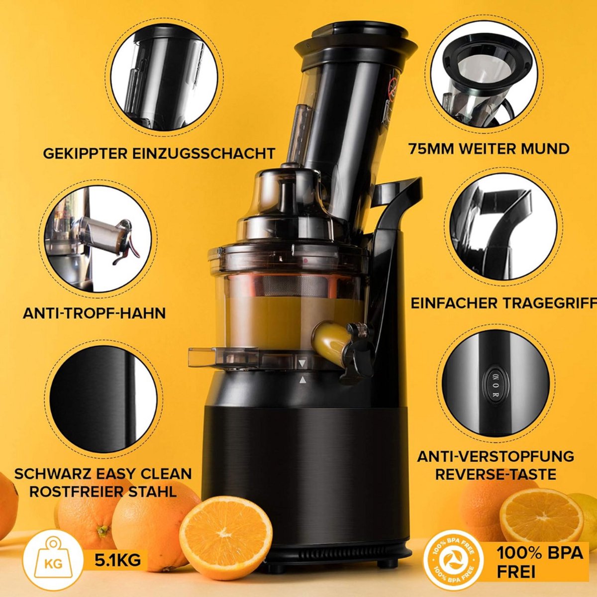 Slowjuicer Groenten- en Fruitpers BPA-vrij met Pulpcontainer