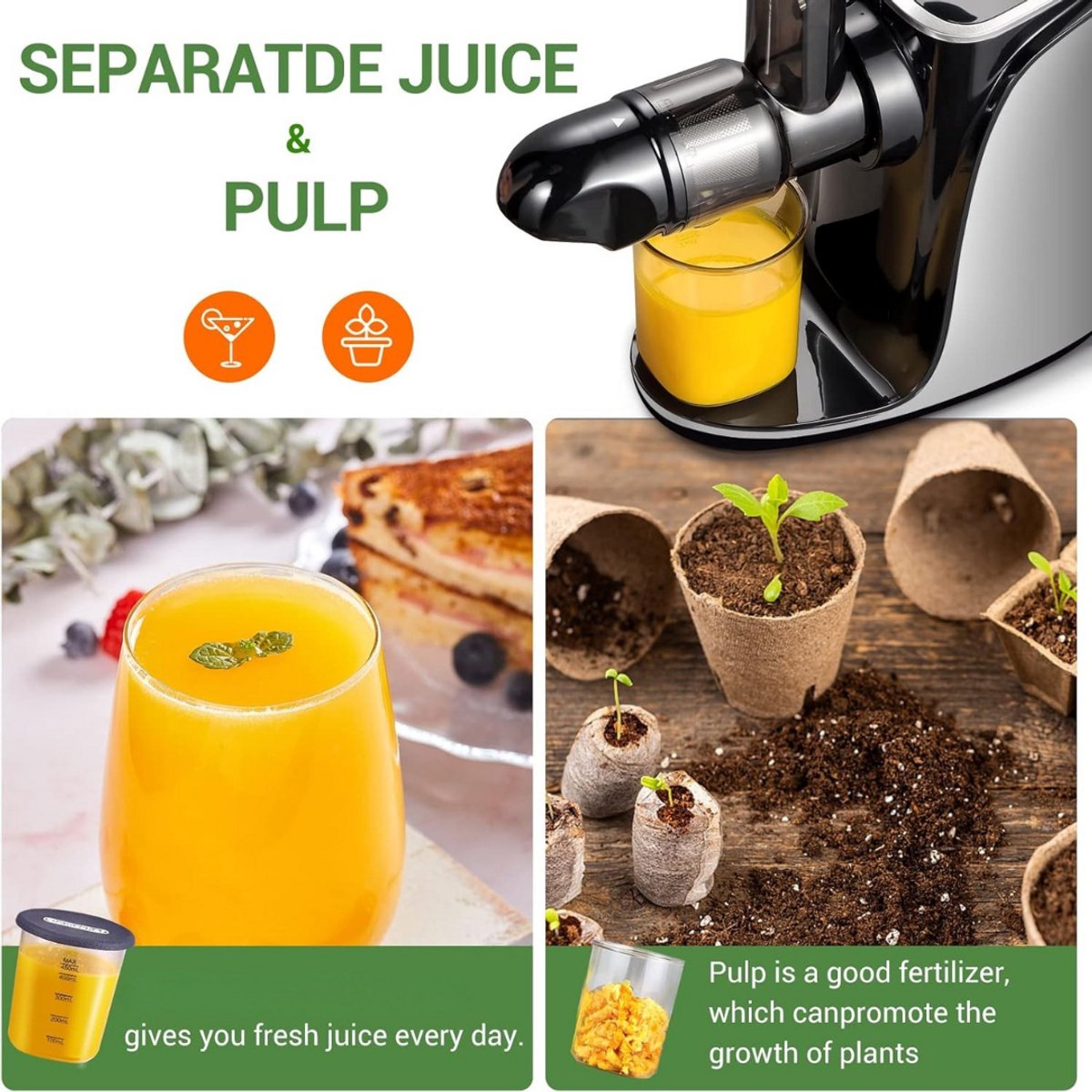 Slowjuicer Groenten- en Fruitpers BPA-vrij met Pulpcontainer