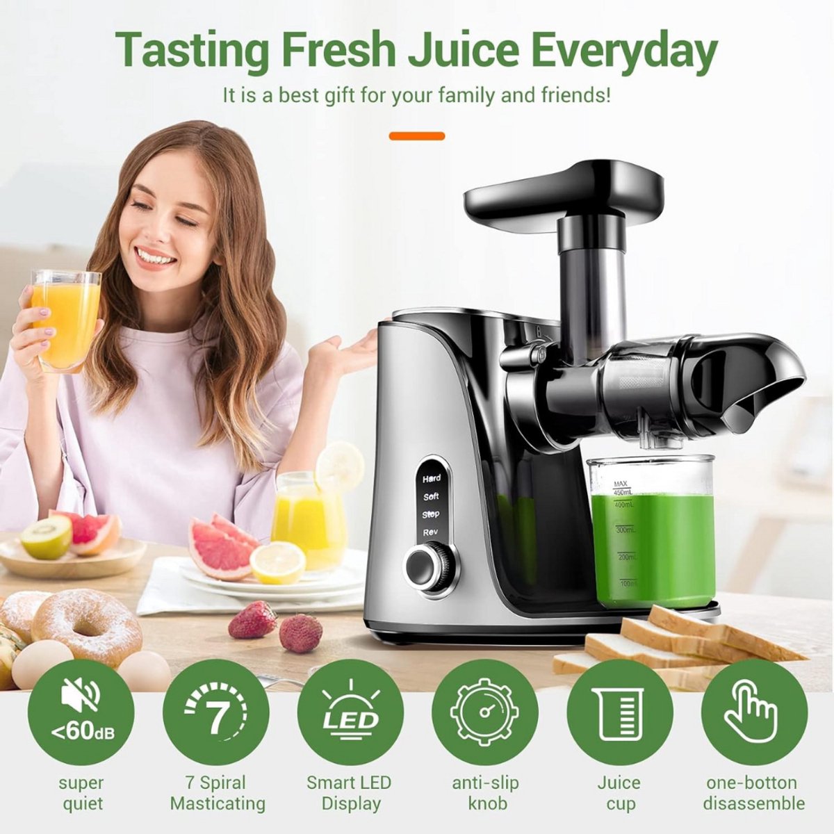 Slowjuicer Groenten- en Fruitpers BPA-vrij met Pulpcontainer