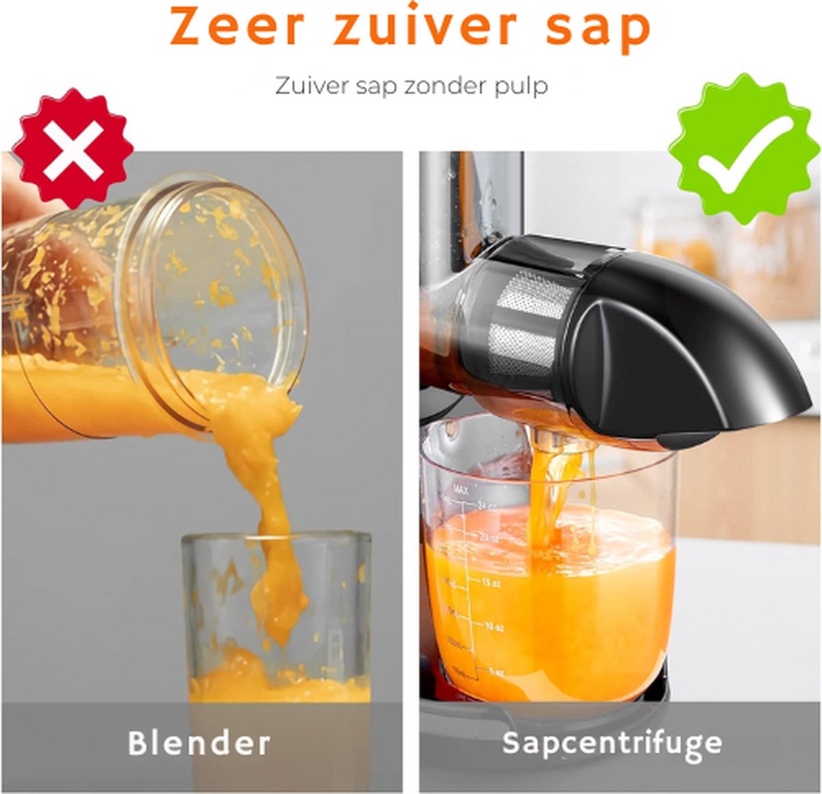 Slowjuicer horizontaal met zeef en maatbeker