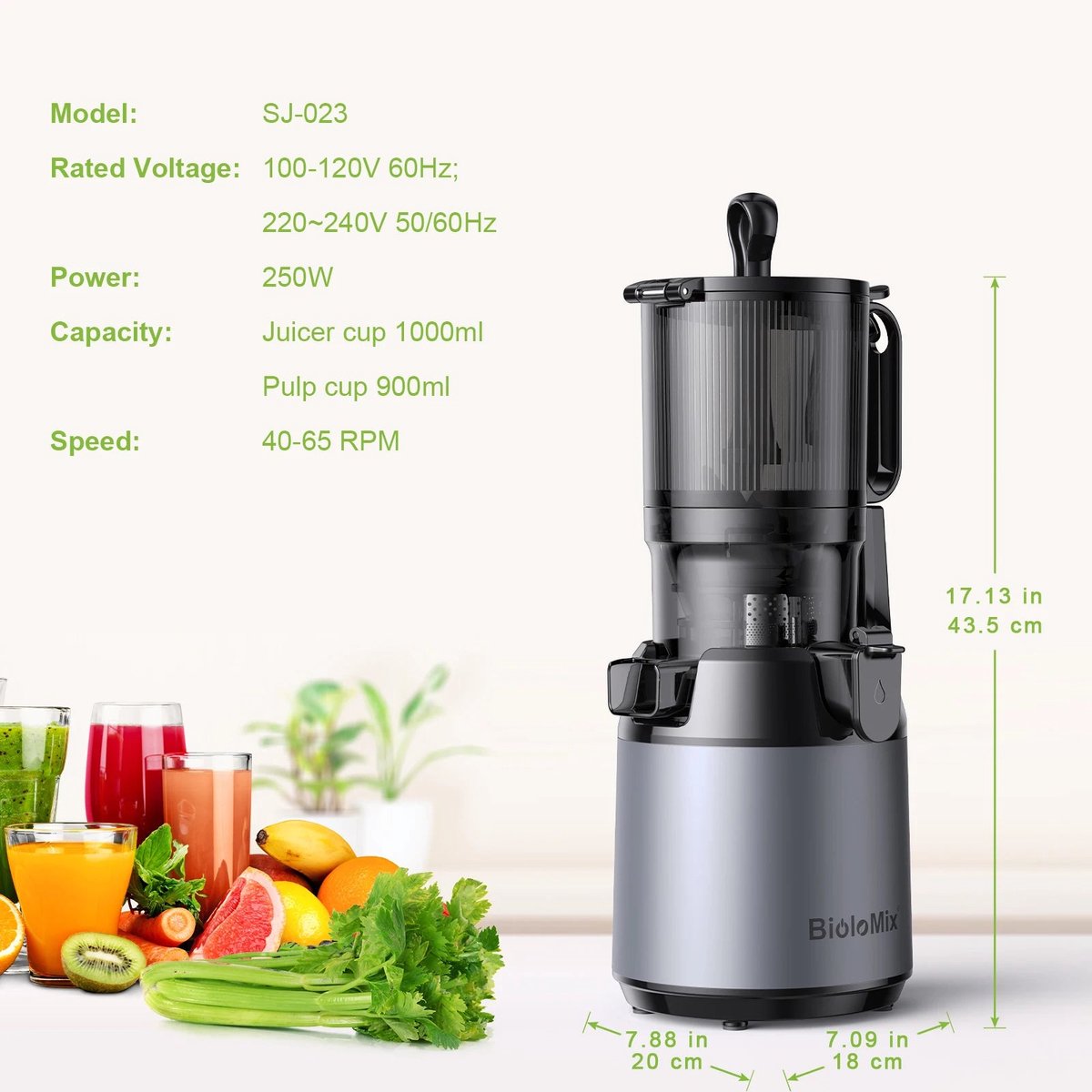 Slowjuicer Juice Maker 130mm Brede Vulopening BPA-vrij
