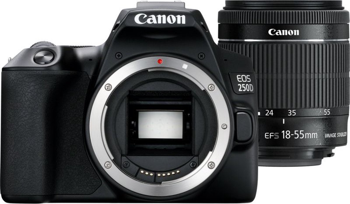 De Canon EOS 250D spiegelreflexcamera + EF-S 18-55mm lens in één oogopslag