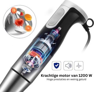 Wat vinden we goed aan de Staafmixer Set – 4-in-1 Staafmixerset Met 2 Snelheden en Turbofunctie – Hakmolen - Inclusief Maatbeker en opbergrek– 1200W - 25 x 23 x 14 cm