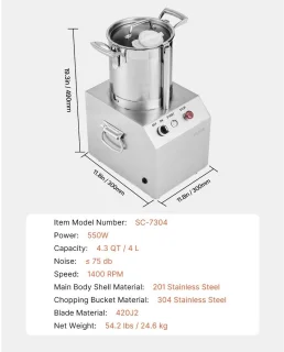 Blender – Foodprocessor – Groentesnijder – Hakmolen – Keukenmachine – 4L Inhoud – Roestvrijstalen S-messen – 550W Krachtige Motor