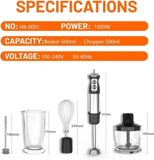 IBETTERTEC Staafmixer keukenmachine alles-in-één multifunctioneel Krachtige 1000W[RVS & Inclusief Accessoires] - Elektrische Staafmixer Set met Afneembare Mengvoet, Mixbeker en Meebeker
