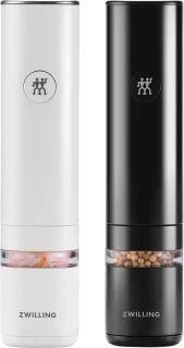 ZWILLING ENFINIGY Elektrische Salz- & Pfeffermuhle mit Keramikmahlwerk & LED Beleuchtung, Aufladbar per USB, 2-teiliges Set: Schwarz & Weiß