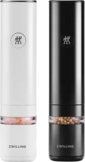 ZWILLING ENFINIGY Elektrische Salz- & Pfeffermuhle mit Keramikmahlwerk & LED Beleuchtung, Aufladbar per USB, 2-teiliges Set: Schwarz & Weiß