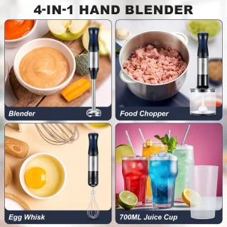 4-in-1 Staafmixer Set - Blender - 5 versnellingen en turbolader - RVS handmixer met garde, maatbeker en hakkom - 1000W - Comforthandgreep - Zwart