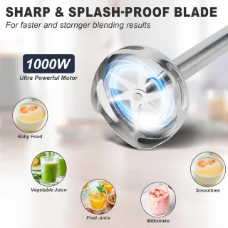 4-in-1 Staafmixer Set - Blender - 5 versnellingen en turbolader - RVS handmixer met garde, maatbeker en hakkom - 1000W - Comforthandgreep - Zwart