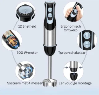 Staafmixer Set – 4-in-1 Staafmixerset Met 12 Snelheden en Turbofunctie – Hakmolen - Inclusief Maatbeker, Hakbeker en Mengopzetstuk – 1000W