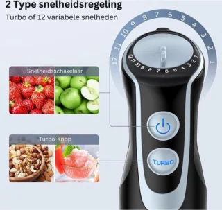Staafmixer Set – 4-in-1 Staafmixerset Met 12 Snelheden en Turbofunctie – Hakmolen - Inclusief Maatbeker, Hakbeker en Mengopzetstuk – 1000W