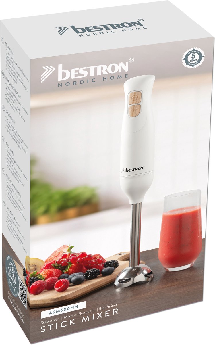 Bestron Staafmixer 600W Wit/Imitatiehout