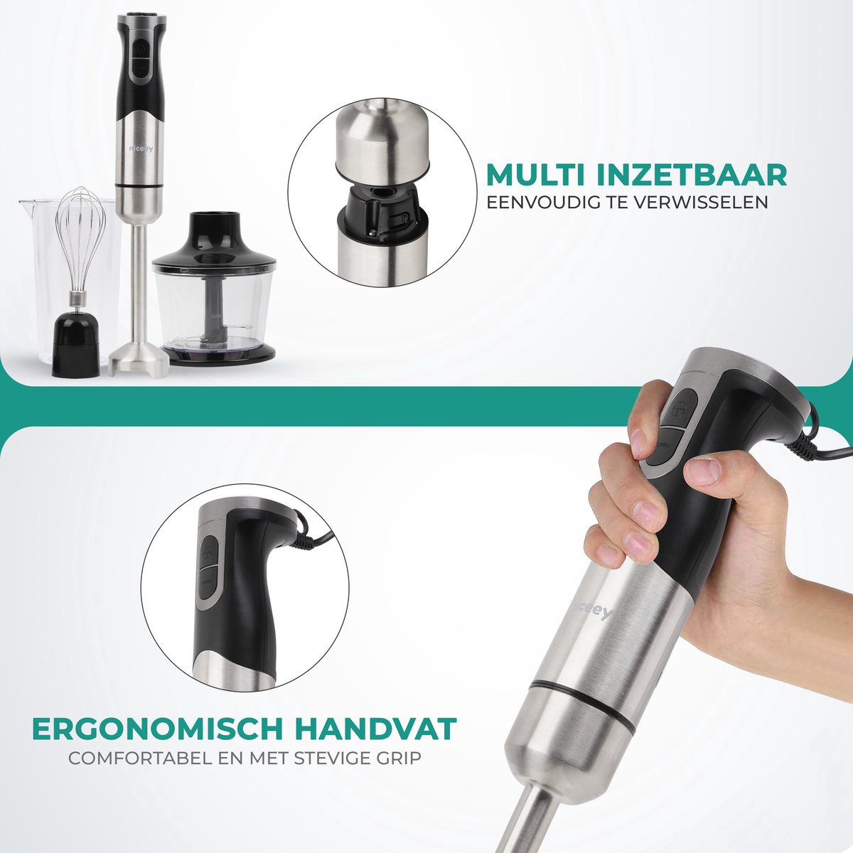 Wat vinden we goed aan de Niceey 4-in-1 Staafmixer Set RVS 1000W