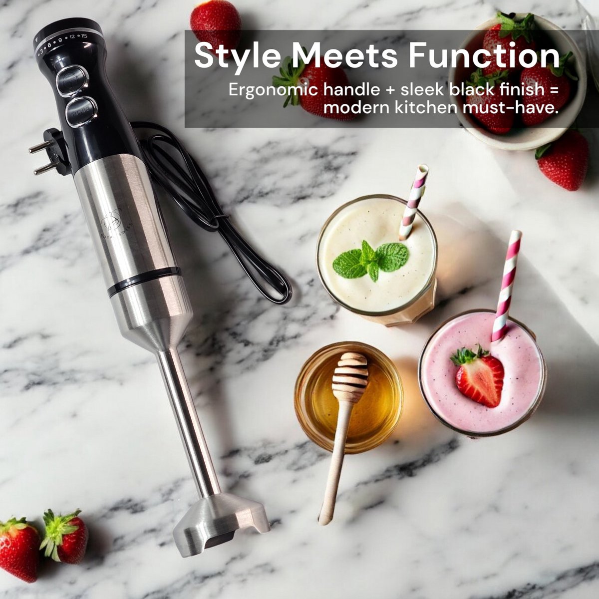 Royal Swiss Staafmixer 1000W Handmixer met RVS Bekerglas 650ml