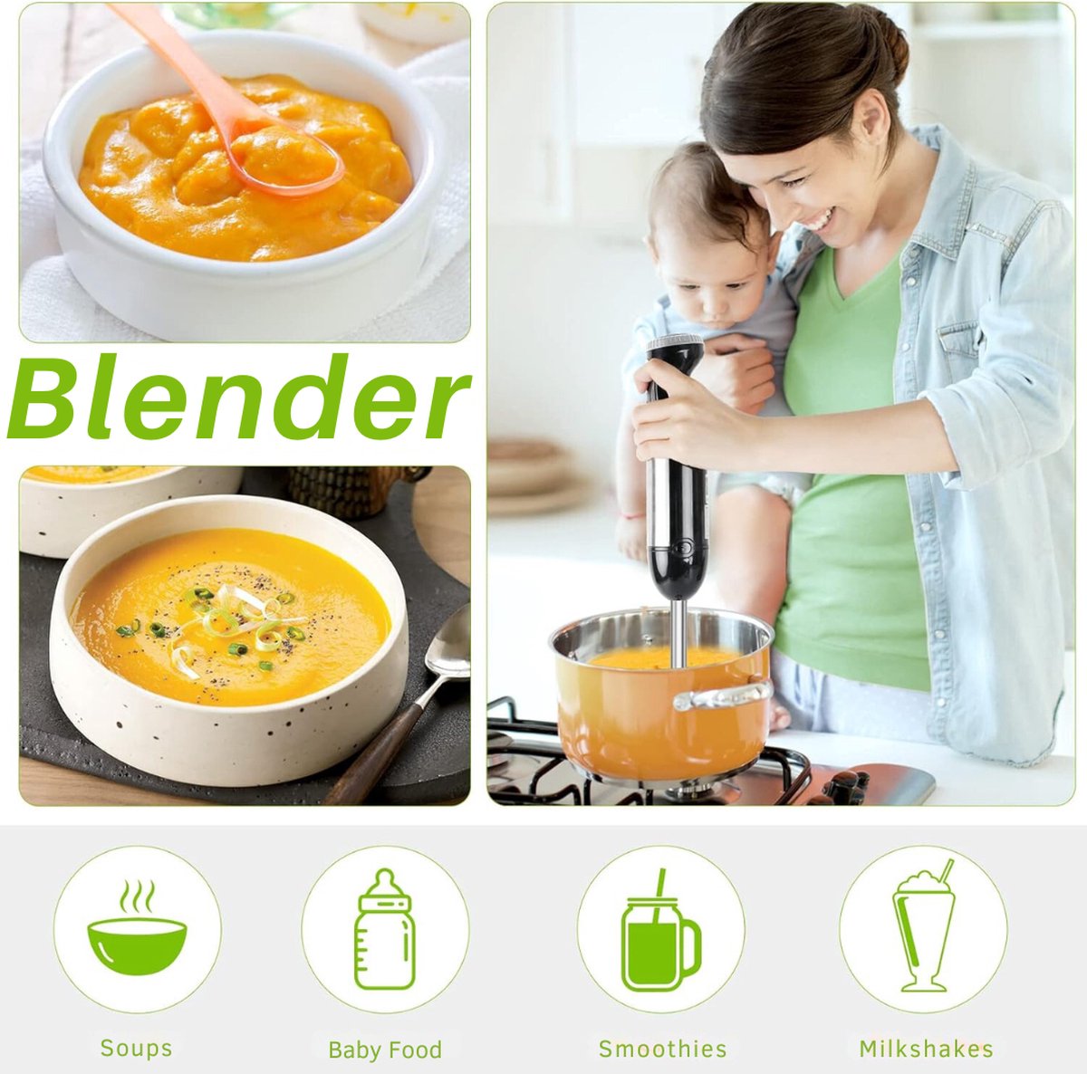 Staafmixer Set 4-in-1 1000W Roestvrij Staal Zwart