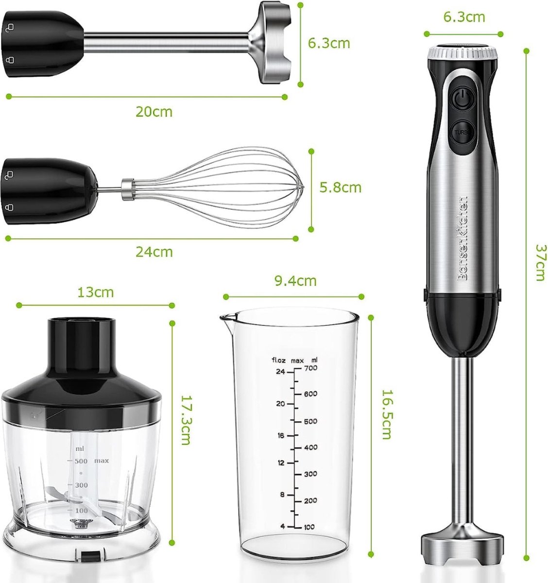 Staafmixer Set 4-in-1 1000W Roestvrij Staal Zwart