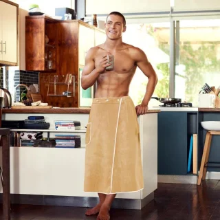 Sauna Kilt voor Mannen - 100% Katoen Sauna Doek - 4-Way Verstelbare Knopen - Gym, Douche, Sauna, Spa en Strand - Middelgrote Maat (Khaki)