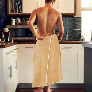 Sauna Kilt voor Mannen - 100% Katoen Sauna Doek - 4-Way Verstelbare Knopen - Gym, Douche, Sauna, Spa en Strand - Middelgrote Maat (Khaki)