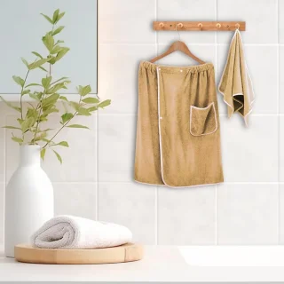 Sauna Kilt voor Mannen - 100% Katoen Sauna Doek - 4-Way Verstelbare Knopen - Gym, Douche, Sauna, Spa en Strand - Middelgrote Maat (Khaki)