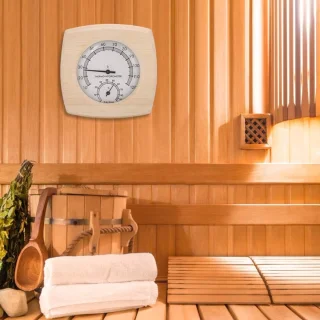 Decoratieve Hygrothermograph - Thermometer Hygrometer 13.5x13x2.5cm - Houten Temperatuurweergave voor Badkamer en Sauna Accessoire