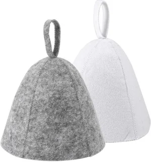 2 stuks Russische Banya saunakappen van wolvilt (grijs, wit)
