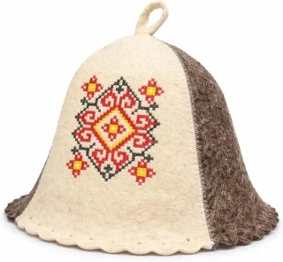 Saunahat wol - beige en grijs - Vyshyvanka borduursel