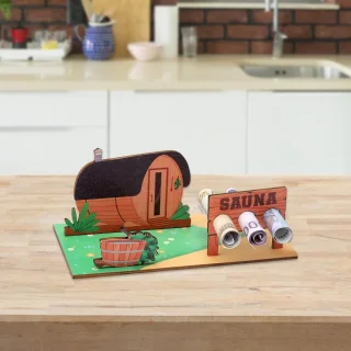 SnelShoppen 3D sauna decoratie houten rekken