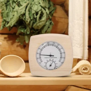 SnelShoppen - Sauna Thermo-Hygrometer - Decoratieve Hygrothermograf Thermometer 13.5x13x2.5cm Houten Temperatuurweergave voor Badkamer en Sauna