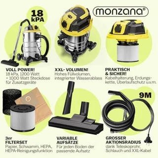 Industriële Nat- en Droogzuiger 30L 2200W - HEPA Filter en Blaasfunctie