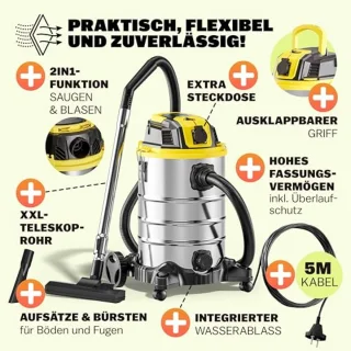 Industriële Nat- en Droogzuiger 30L 2200W - HEPA Filter en Blaasfunctie