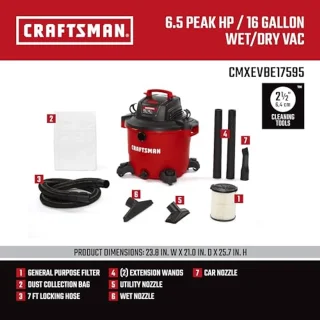 16-gallon nat-droog stofzuiger, 6,5 pk krachtige werkplaatsstofzuiger voor renovaties en thuisprojecten