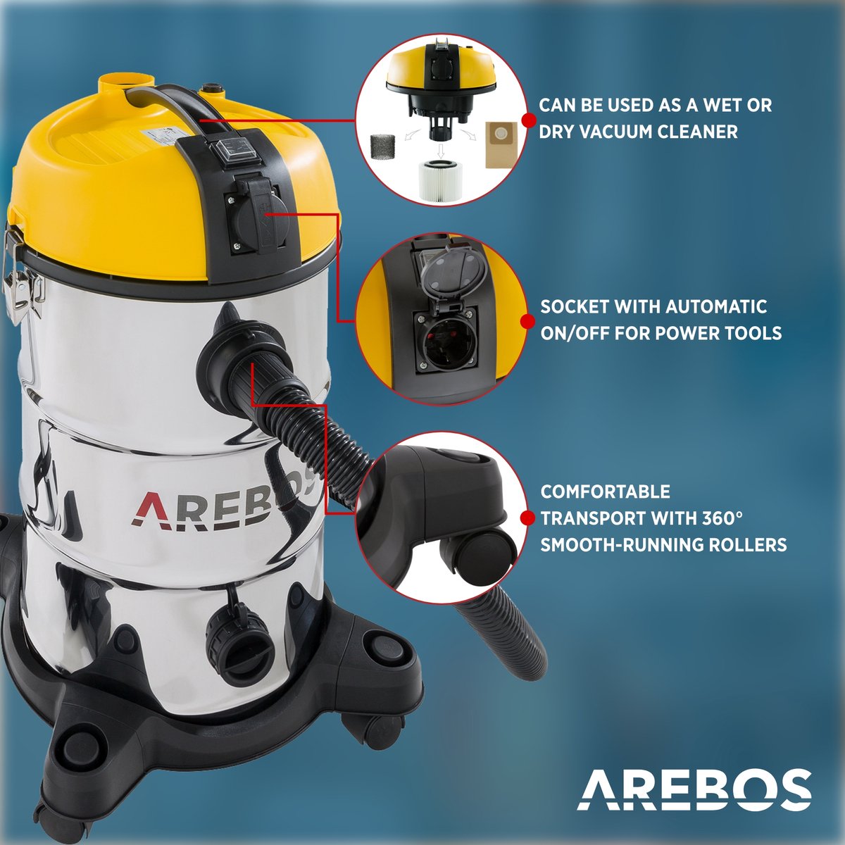 AREBOS Industriële stofzuiger 30L 1300W geel