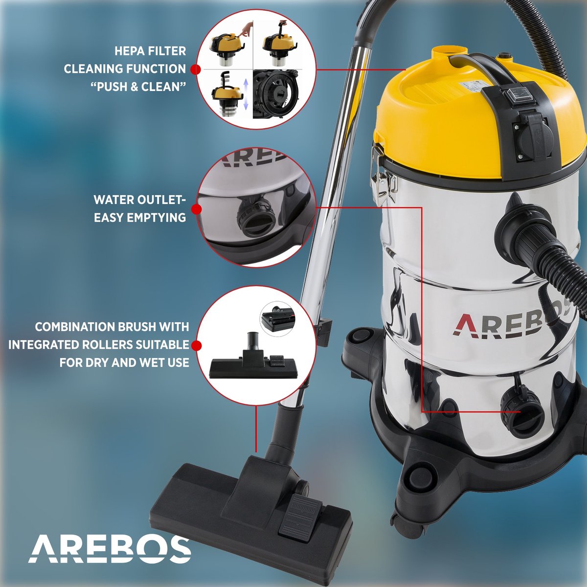 AREBOS Industriële stofzuiger 30L 1300W geel