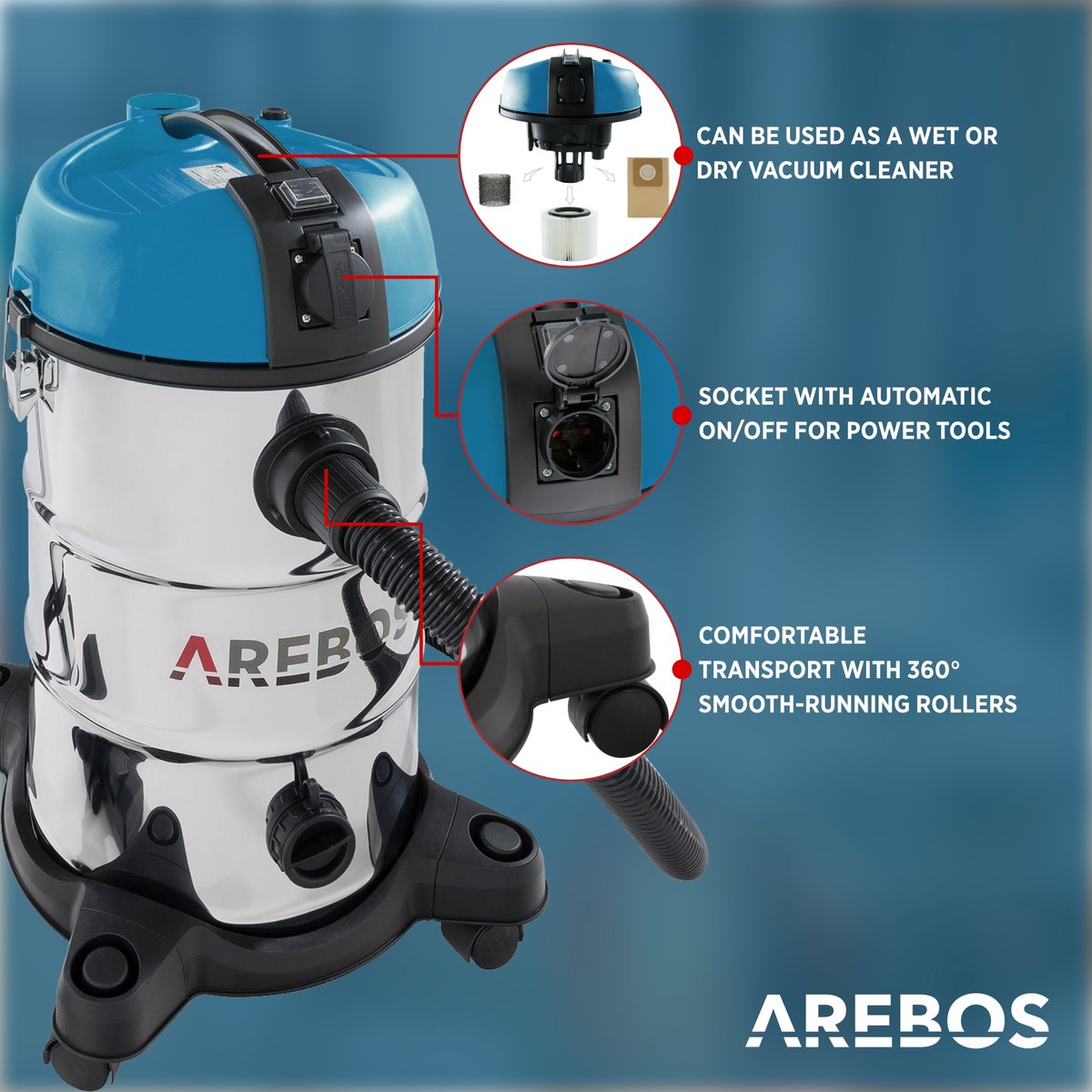 AREBOS Industriële stofzuiger 30L 1300W geel