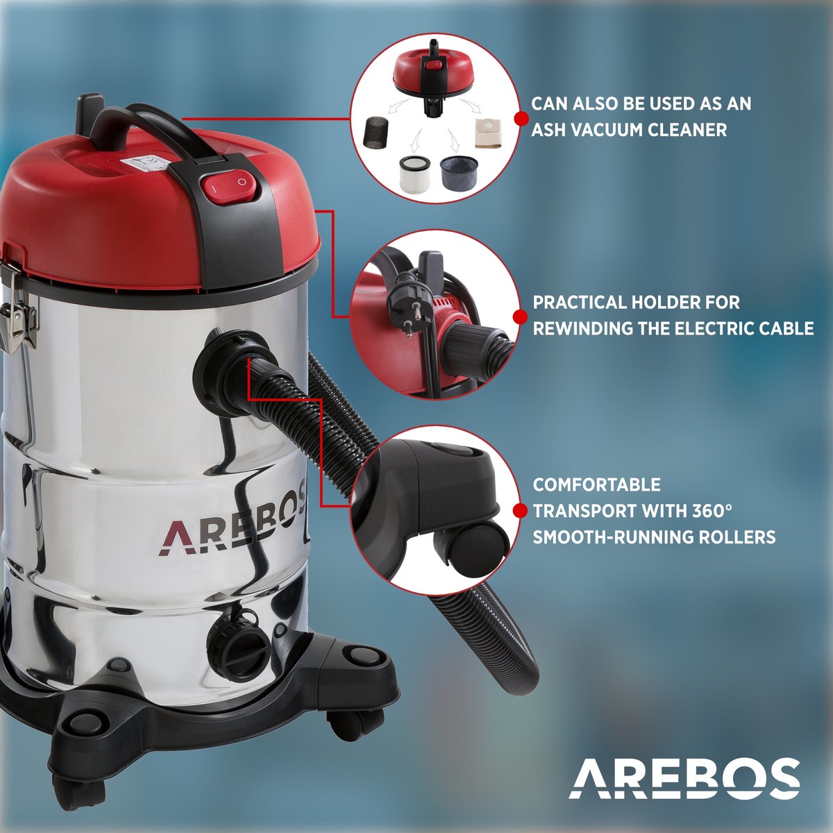 AREBOS Stofzuiger 1800W 30L Zonder Zak en Met Zak