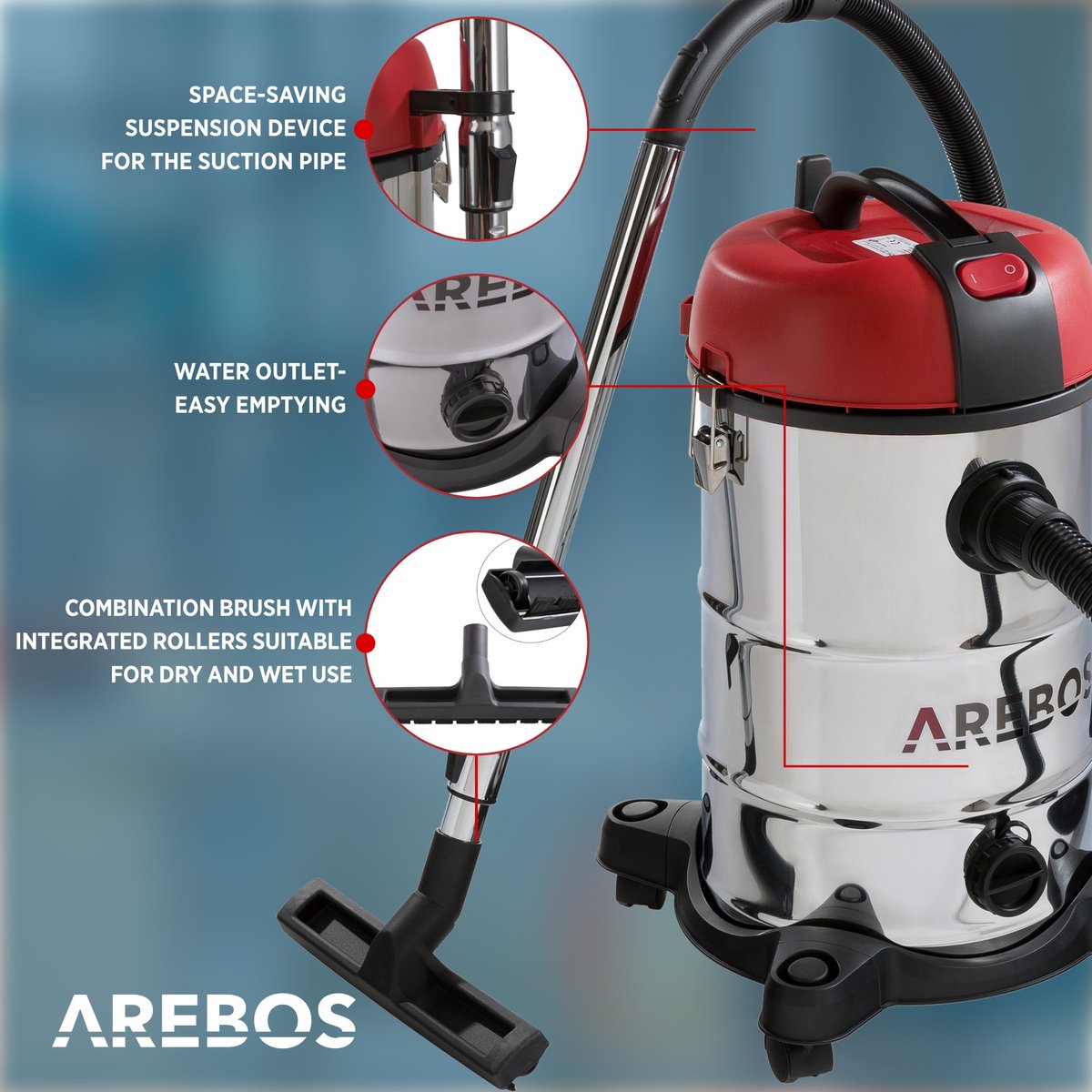 AREBOS Stofzuiger 1800W 30L Zonder Zak en Met Zak