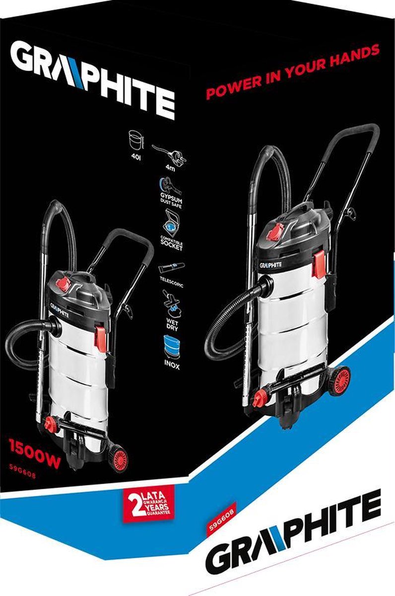 Graphite Bouwstofzuiger 1500W 40L Nat en Droog