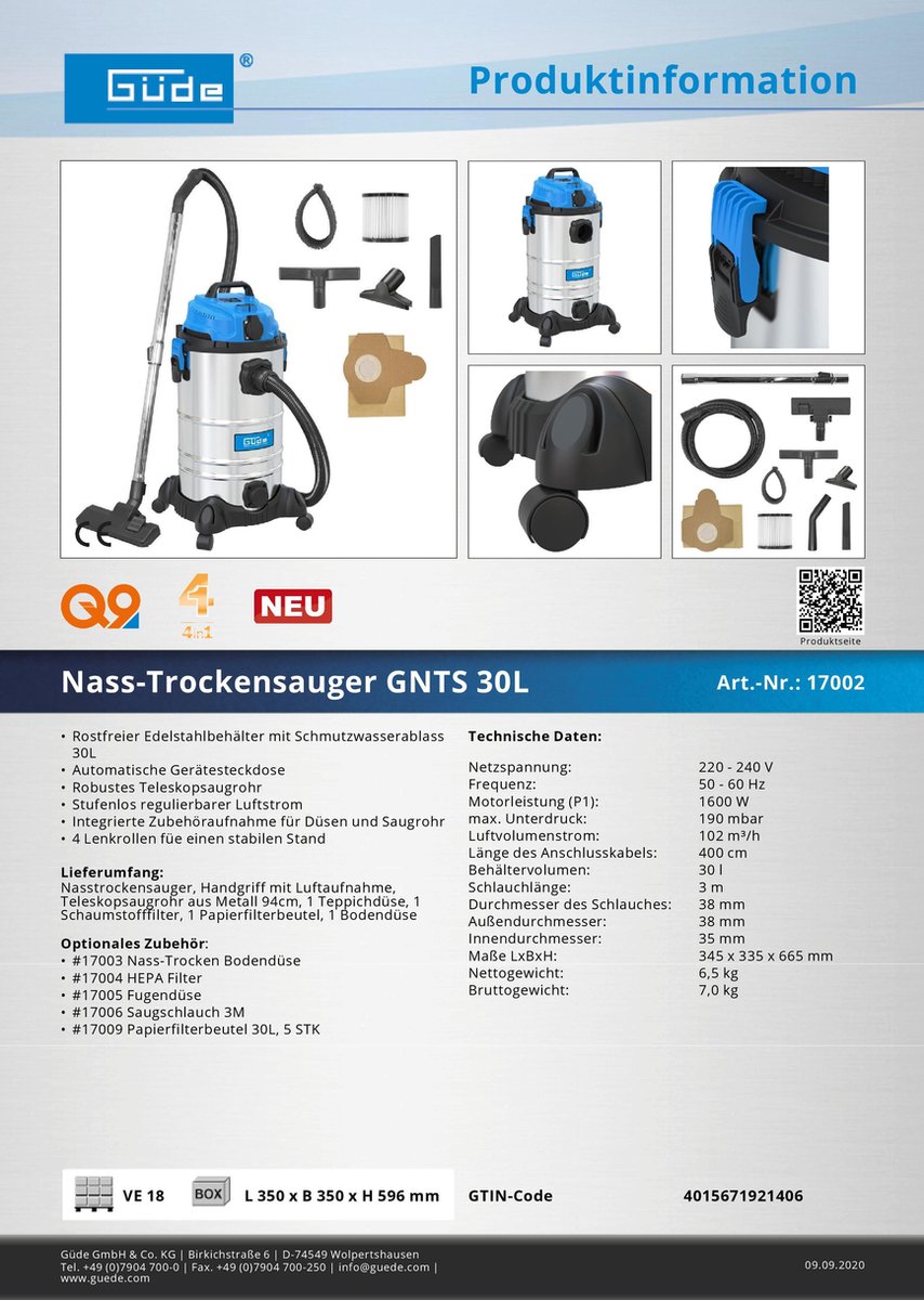 Wat vinden we goed aan de Güde GNTS 30L Nat- en Droogzuiger