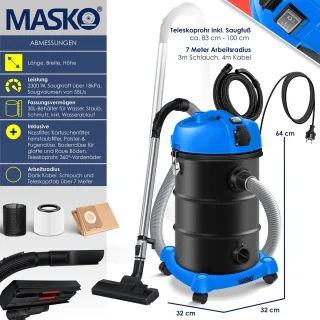 MASKO® Alleszuiger 6IN1 Nat- en Droogzuiger 2300W 30L Blauw