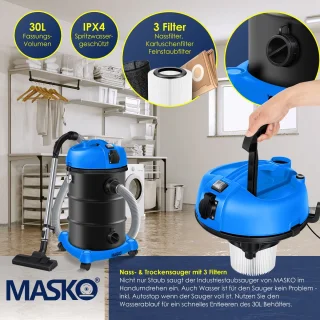 MASKO® Alleszuiger 6IN1 Nat- en Droogzuiger 2300W 30L Blauw