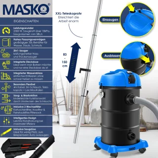 MASKO® Alleszuiger 6IN1 Nat- en Droogzuiger 2300W 30L Blauw
