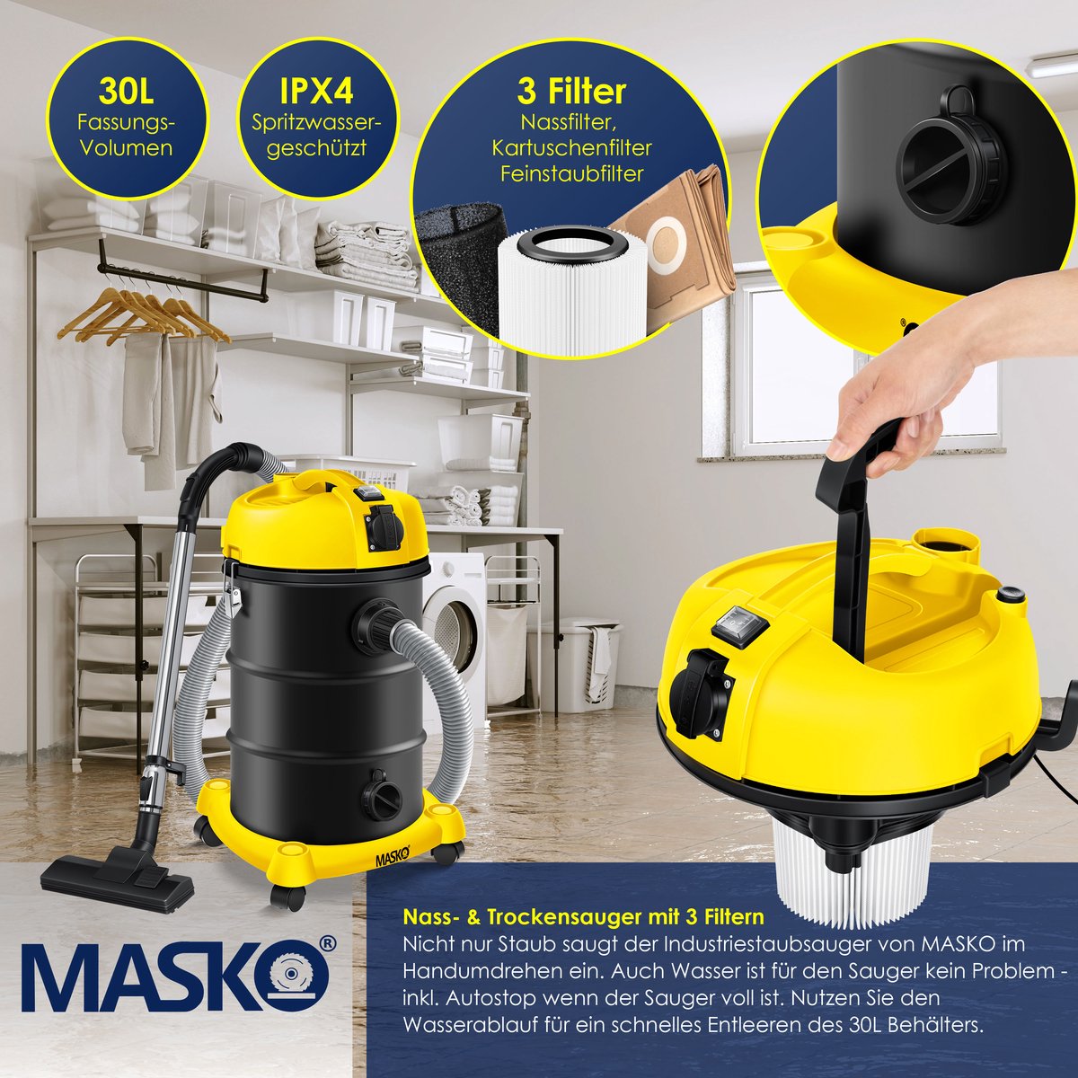 MASKO Alleszuiger 6IN1 Nat- en Droogzuiger 2300W 30L Geel