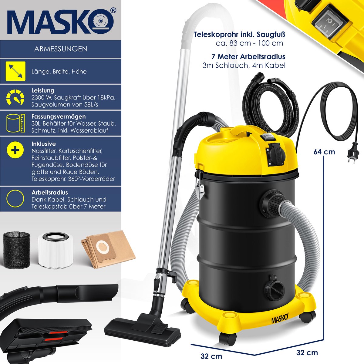MASKO Alleszuiger 6IN1 Nat- en Droogzuiger 2300W 30L Geel