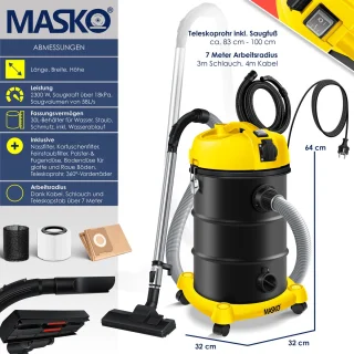 MASKO Alleszuiger 6IN1 Nat- en Droogzuiger 2300W 30L Geel