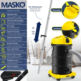 MASKO Alleszuiger 6IN1 Nat- en Droogzuiger 2300W 30L Geel