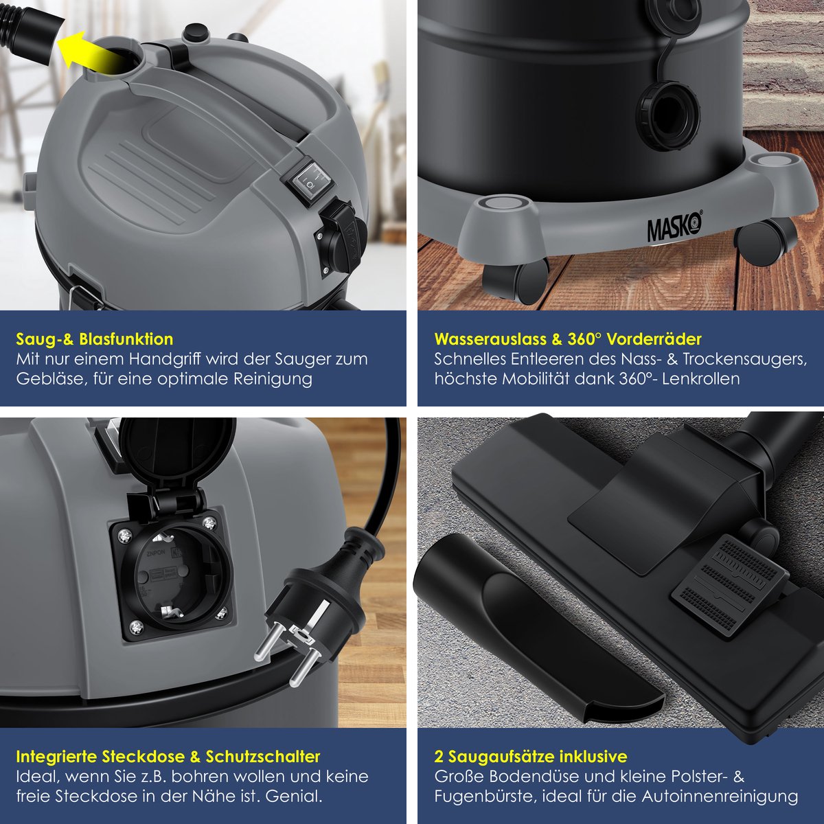 MASKO® Alleszuiger 6IN1 Nat- en Droogzuiger 2300W 30L Grijs
