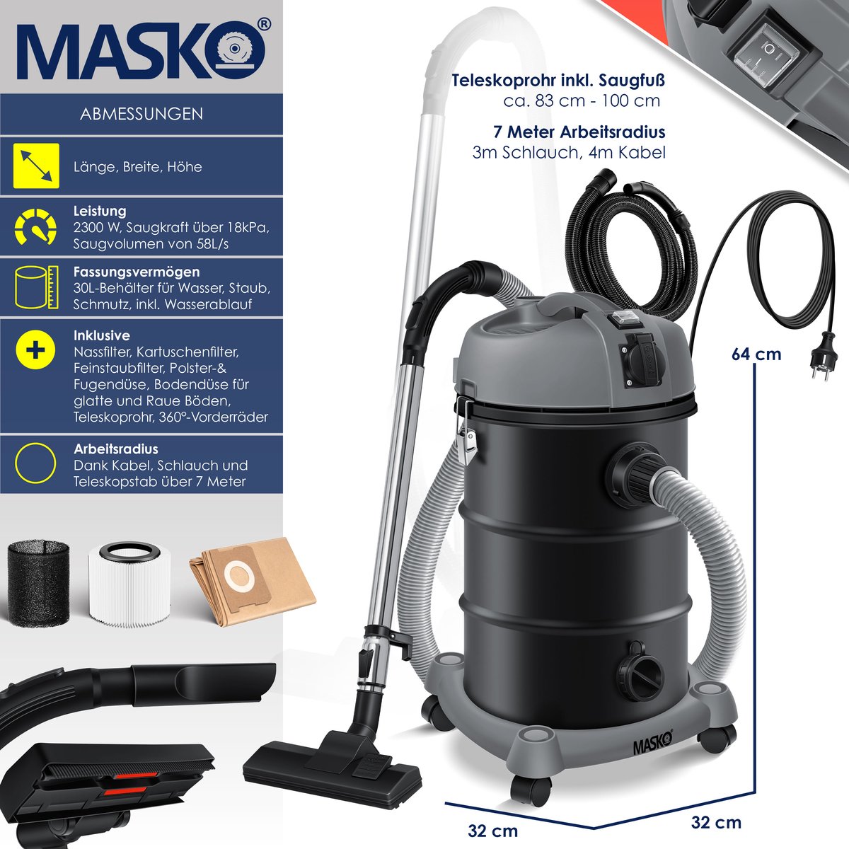 MASKO® Alleszuiger 6IN1 Nat- en Droogzuiger 2300W 30L Grijs